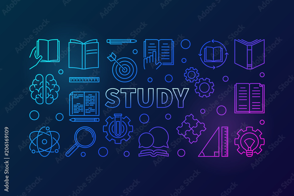 Study vector blue horizontal illustration in thin line style