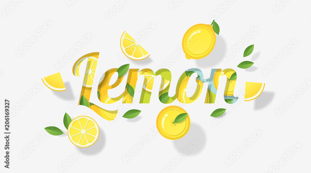 Word lemon design decorated with lemon fruits and leaves in paper art style , vector , illustration Word lemon design decorated with lemon fruits and leaves in paper art style , vector , illustration