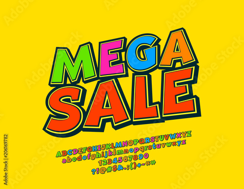 Vector Bright Modern Emblem Mega Sale. Colorful Comic Font. 3D Alphabet Letters and Numbers