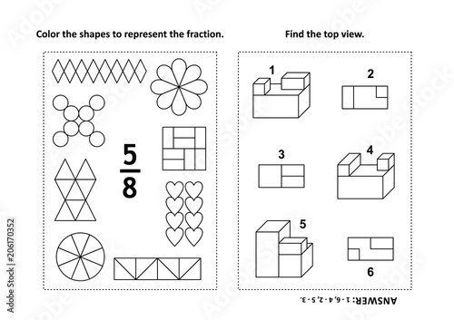 Two visual math puzzles and coloring pages. Color the shapes to represent the fraction. Find the top view. Black and white. Answers included.
