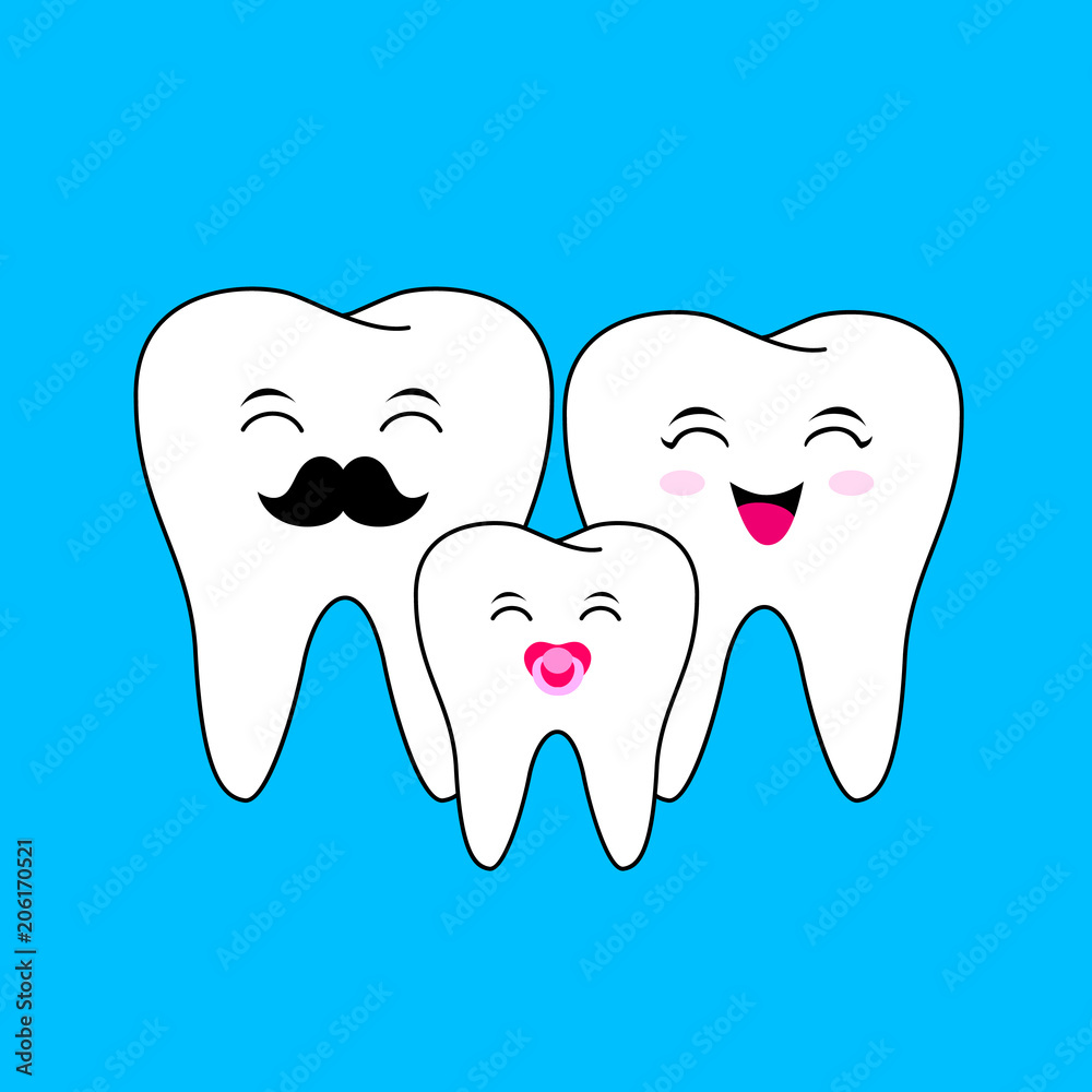 Cute cartoon tooth family, Dad, mom and child. Dental care concept, illustration isolated on blue background. Cute cartoon tooth family, Dad, mom and child. Dental care concept, illustration isolated on blue background.