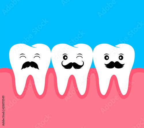 Cute cartoon tooth with black mustache. Flat style.  I love dad concept. Happy Father's Day. Illustration isolated on blue background.
