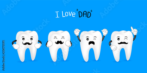 Cute cartoon tooth with black mustache. I love dad concept. Happy Father's Day. Illustration isolated on blue background.