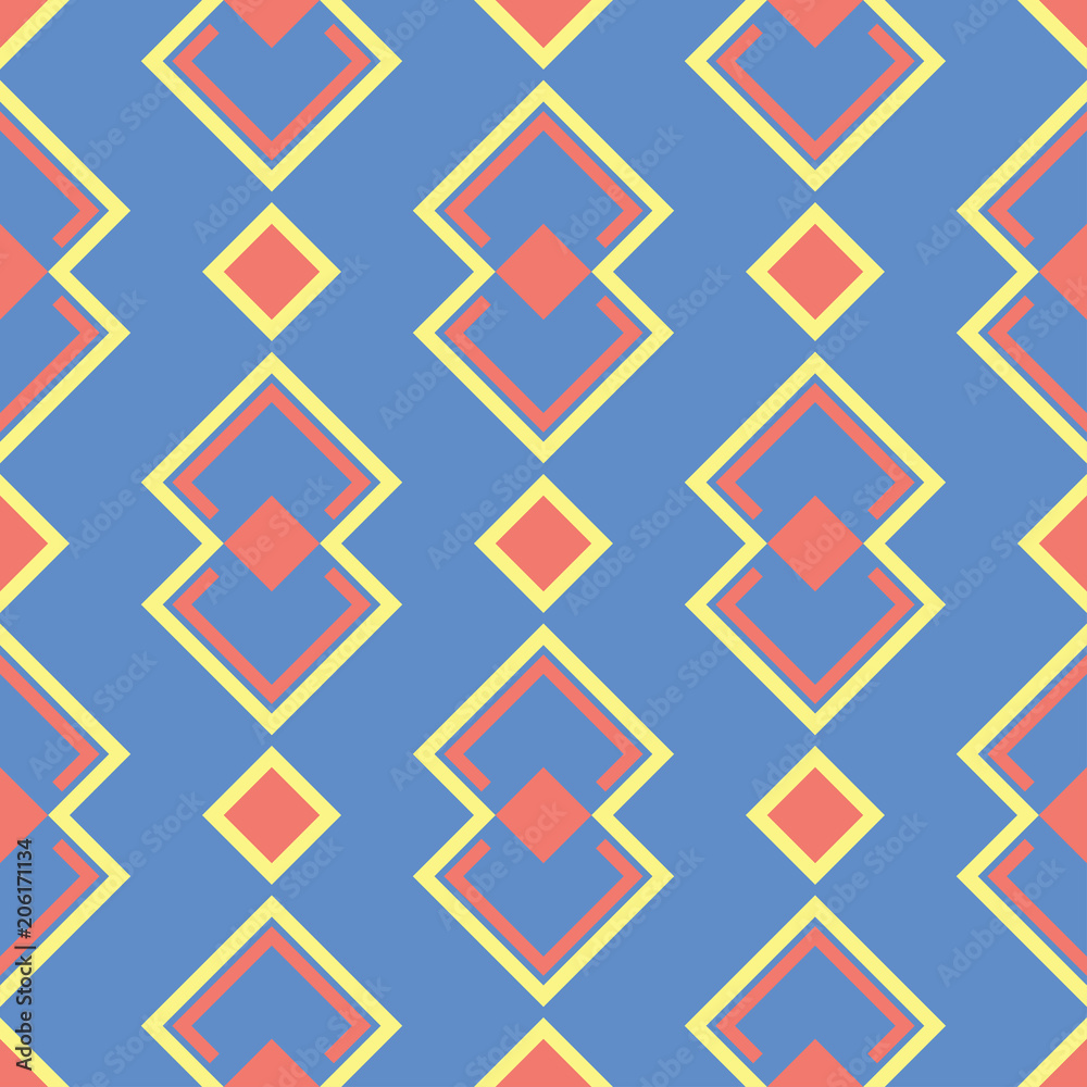 Geometric seamless pattern. Blue background with red and yellow design Geometric seamless pattern. Blue background with red and yellow design