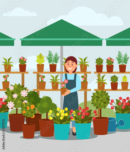 Young woman selling flowers in street market stall. Young girl standing under umbrella and holding pot with plant. Flat vector design