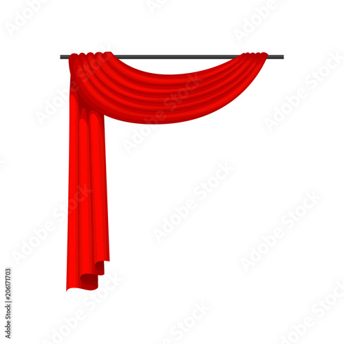 Red curtains on metal cornice. Decoration element for window, opera house or theater stage. Flat vector for poster, website or flyer