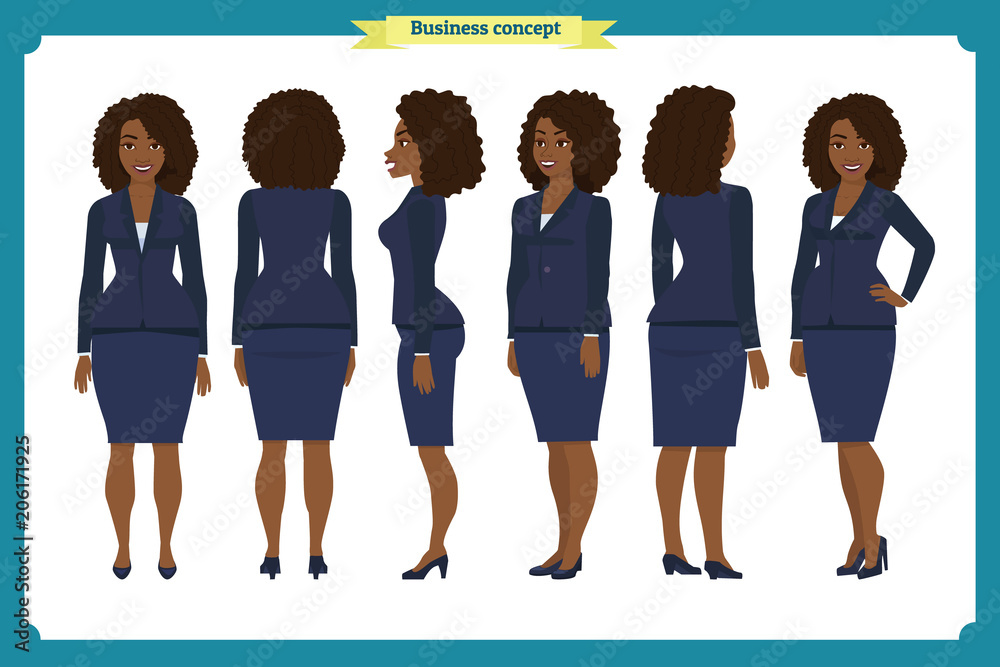 Obraz premium Set of Businesswoman character design. Front, side, back. Business girl. Cartoon style, flat vector isolated.African American