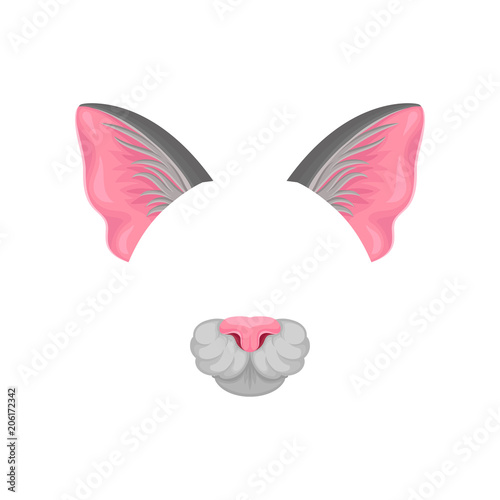 Detailed flat vector icon of pink cat s ears and nose. Mask of domestic animal. Element of carnival costume. Design for mobile app