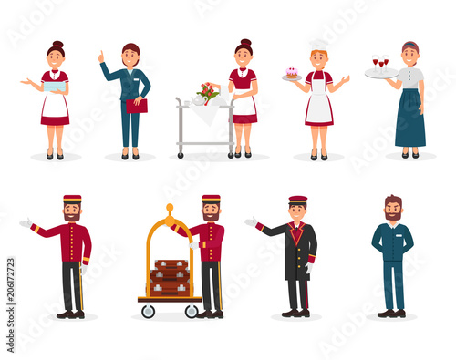 Flat vector set of hotel staff. Maid with clean towels, manager, bellboy with luggage trolley, doorman, chef of restaurant