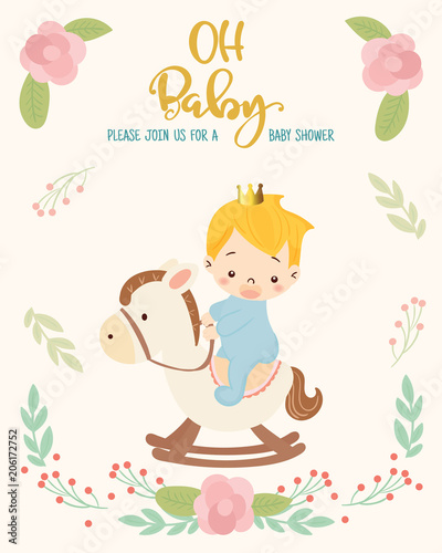 cute baby boy play rocking horse  design  element, baby shower greeting  card vector illustration.