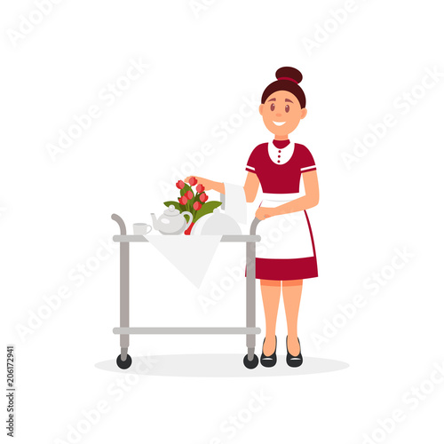 Cheerful waitress pushing trolley with breakfast for hotel guest. Room service. Flat vector design