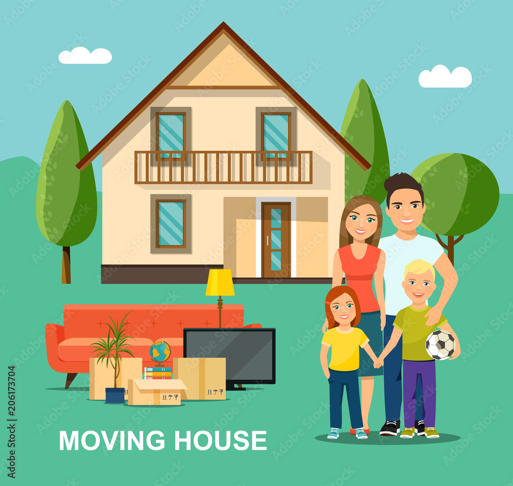 New house for family. Mother and father with children. Happy family isolated. Moving House. Vector flat style illustration New house for family. Mother and father with children. Happy family isolated. Moving House. Vector flat style illustration