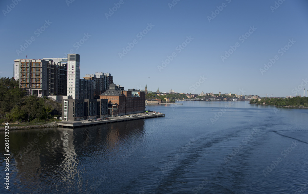 The island Kvarnholmen at the waterfront of Stockholm an early spring morning