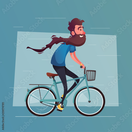Funny man with long beard ride a bike. Vintage bicycle. Cartoon vector illustration