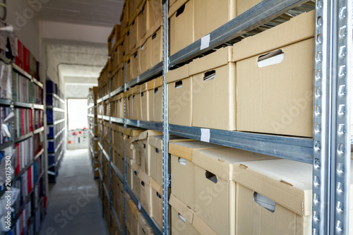 Obraz w ramie Office file folders, Stack of documents in cardboard box, Bureaucracy