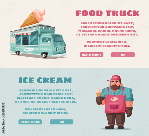 Retro street food van. Funny seller character. Cartoon vector illustration.