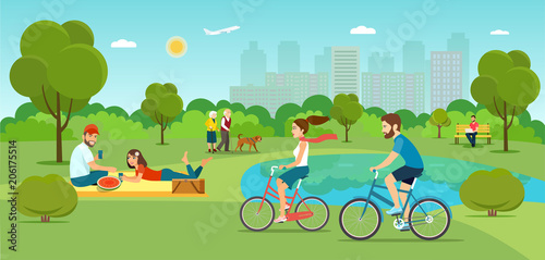 Vector summertime flat illustration. People in the park. Big set