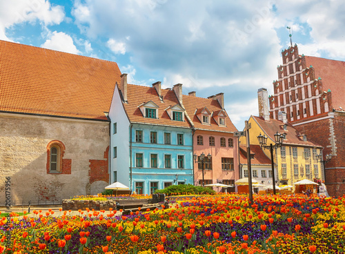 Street with old colorful buildings in the Latvian capital Riga in the spring 