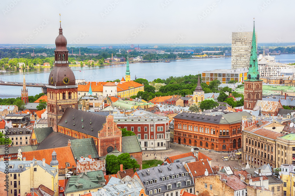 Aerial view of the river Daugava and historical center of the Latvian capital Riga 