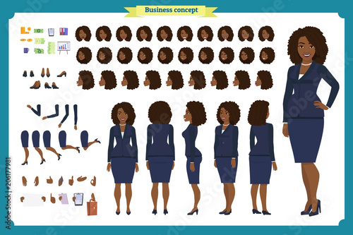 Set of Black Businesswoman character design.Front, side, back view animated character.Business girl character creation set with various views, poses and gestures. flat vector isolated.  