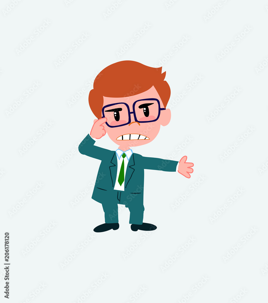 Businessman with glasses, is angry and points his head with his index finger. Businessman with glasses, is angry and points his head with his index finger.