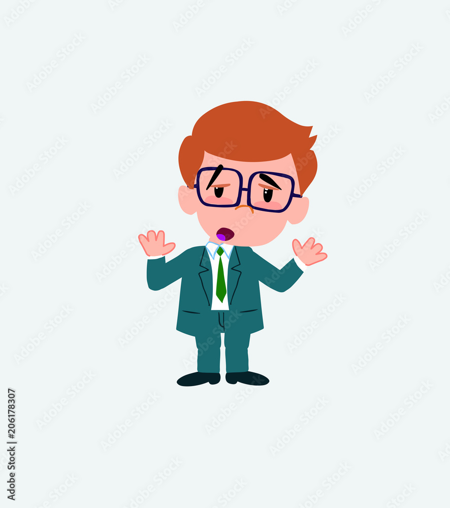 Businessman with glasses makes a gesture of tired resignation.