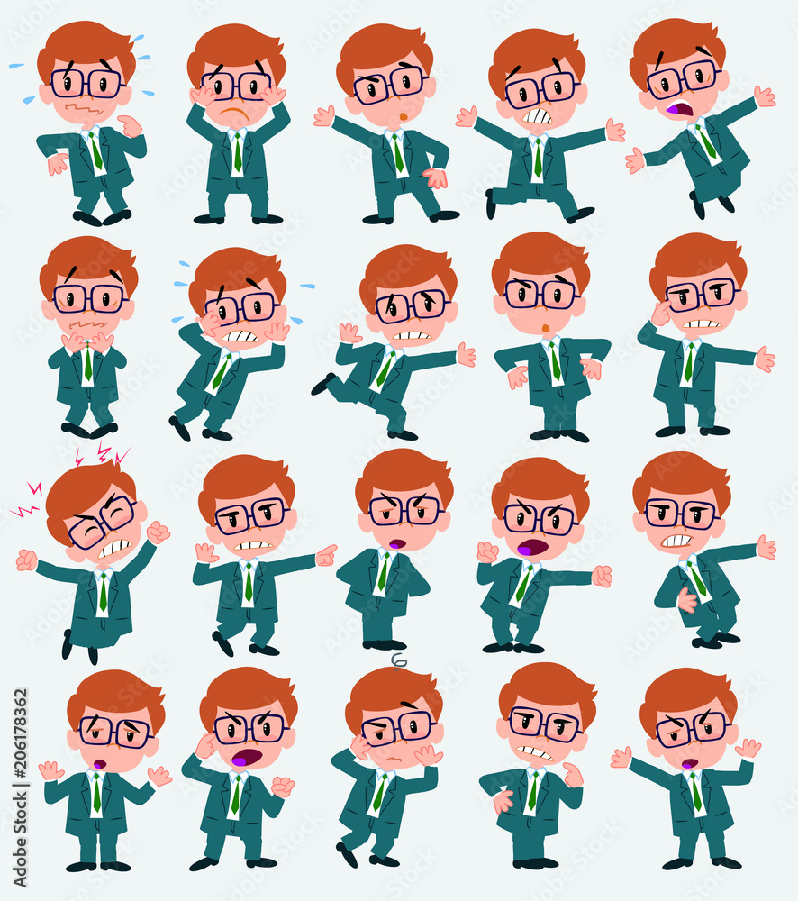 Cartoon character businessman with glasses. Set with different postures, attitudes and poses, always in negative attitude, doing different activities in vector vector illustrations. Cartoon character businessman with glasses. Set with different postures, attitudes and poses, always in negative attitude, doing different activities in vector vector illustrations.