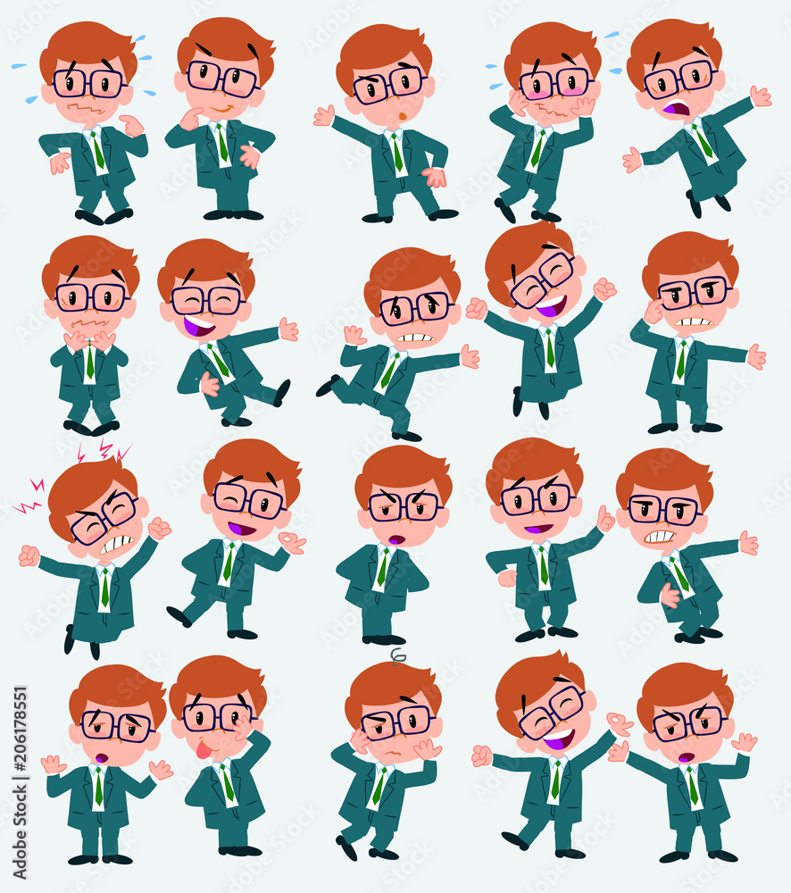 Cartoon character businessman with glasses. Set with different postures, attitudes and poses, doing different activities in isolated vector illustrations.