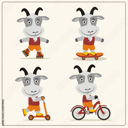 Set of isolated funny goat on bike, skateboard, scooter and roller skates.