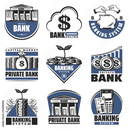 Vintage Colored Banking Emblems Set