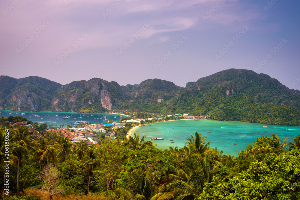 Tonsai Village and the mountains of Koh Phi Phi island in Thailand