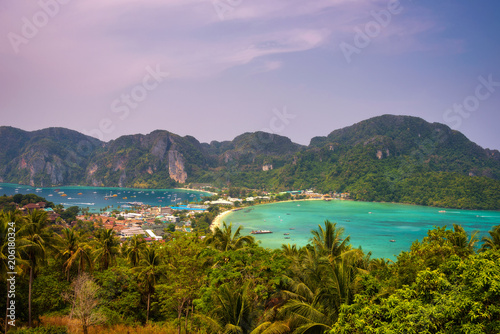 Tonsai Village and the mountains of Koh Phi Phi island in Thailand