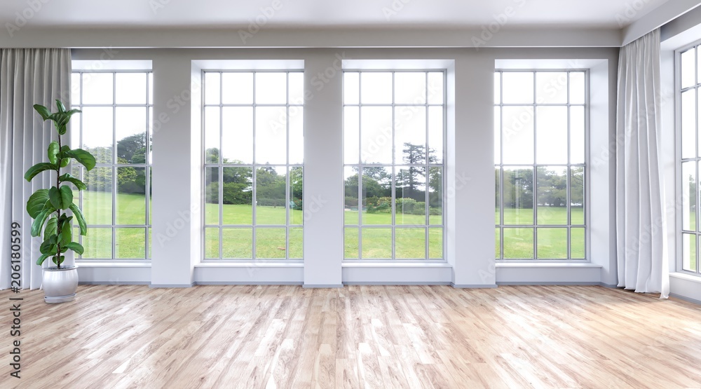 Fototapeta premium Modern bright interior with plant and countryside view