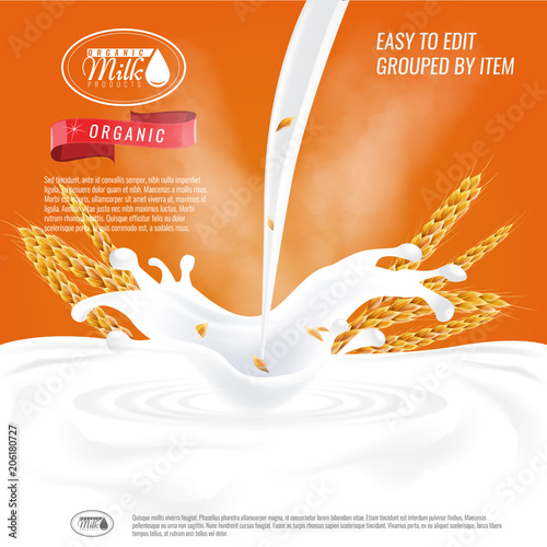 Ready Oatmeal ad template layout, with milk pouring white space. photo