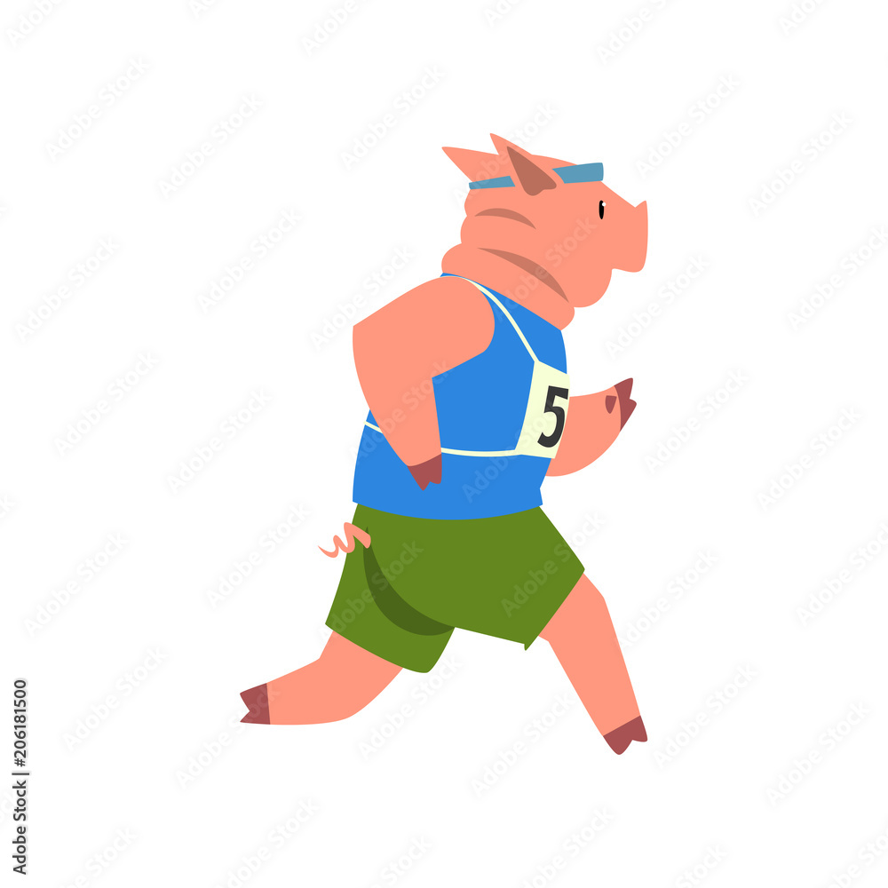 Pig in sport uniform running, funny sportive wild animal character doing sports vector Illustration on a white background