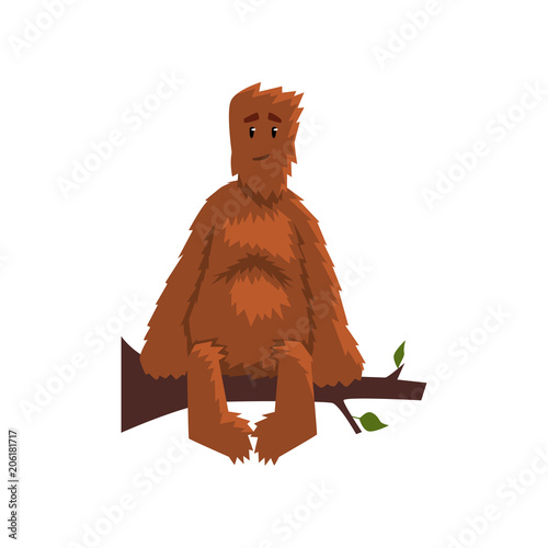 Funny friendly bigfoot sitting on tree branch, mythical creature cartoon character vector Illustration on a white background
