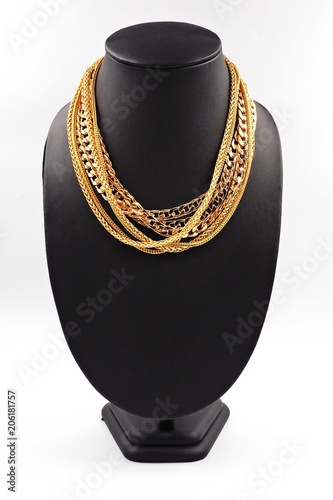 group of gold necklace isolated on white background