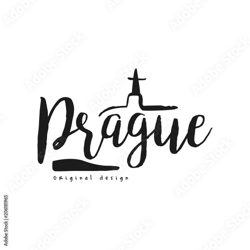 Prague european capital city name, original design, black ink hand written inscription, typography design for poster, card, logo, poster, banner, tag vector Illustration
