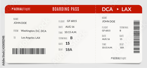 Modern realistic plane boarding pass. Filled with name and destination airplane ticket
