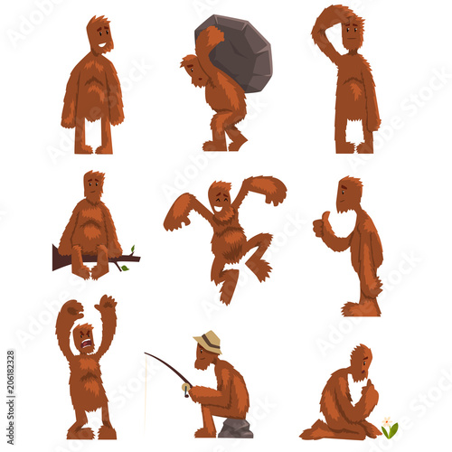 Funny bigfoot cartoon character set, mythical creature in different situations vector Illustrations on a white background