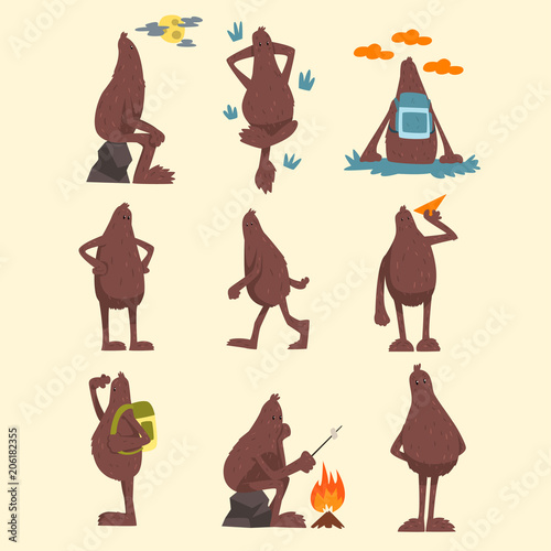Bigfoot cartoon character set, funny mythical creature in different situations vector Illustrations on a white background
