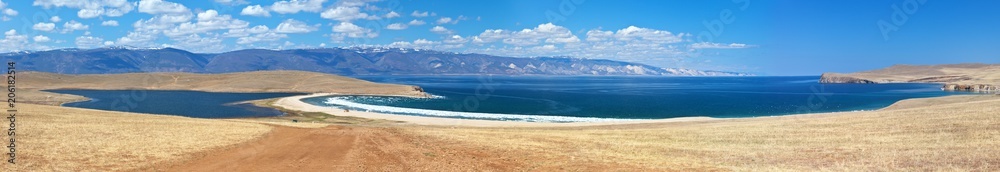 Lake Baikal in the spring. Olkhon Island. Panoramic view of Maloe More Strait, Togai Bay and Lake Hankhoi