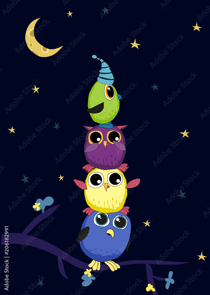 Fototapeta premium Cute green, violet, yellow and blue owls are sitting on the branch at night. Night sky with stars and moon. Hand drawn doodle style