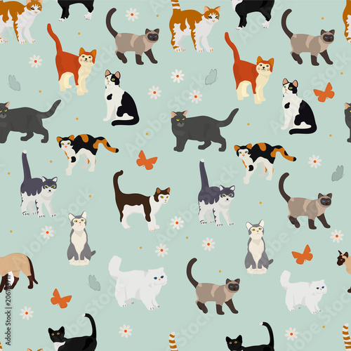 Vector seamless pattern with cats and flowers
