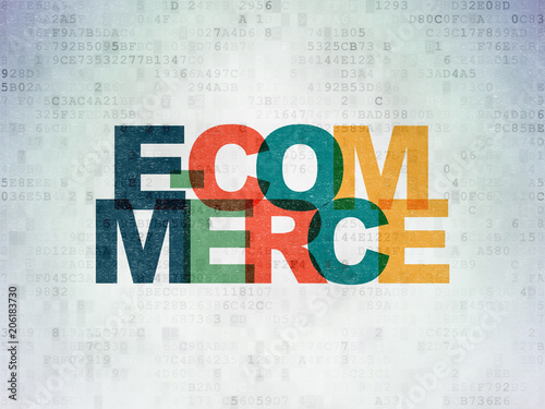 Finance concept: Painted multicolor text E-commerce on Digital Data Paper background