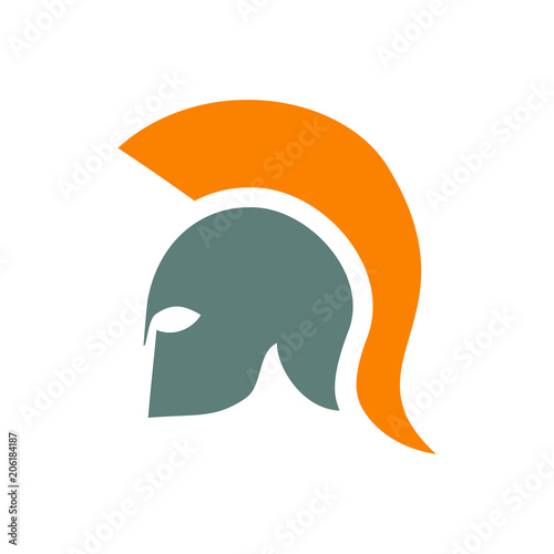 Icono plano casco espartano en gris y naranja