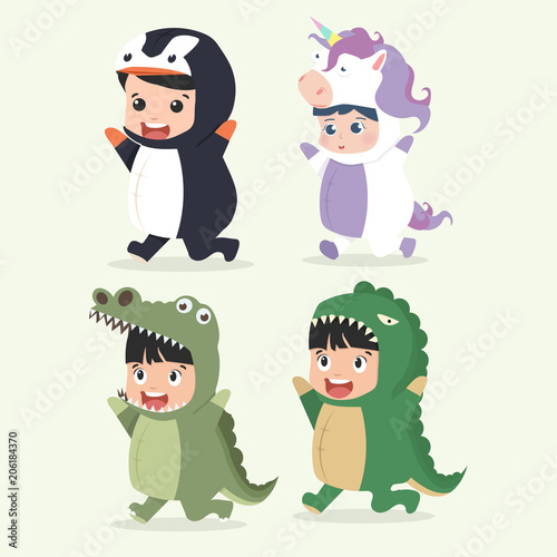 Set of cartoon little kid characters in Animals costumes