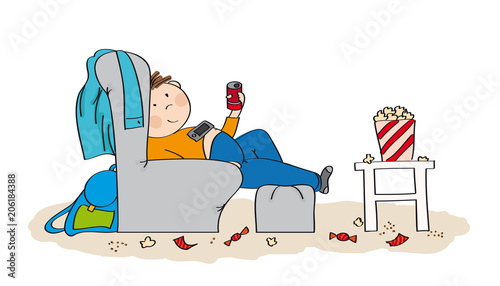 Lazy teenage boy sitting in the armchair, watching TV, drinking cola and eating popcorn. Mess is all around him. Original hand drawn illustration.