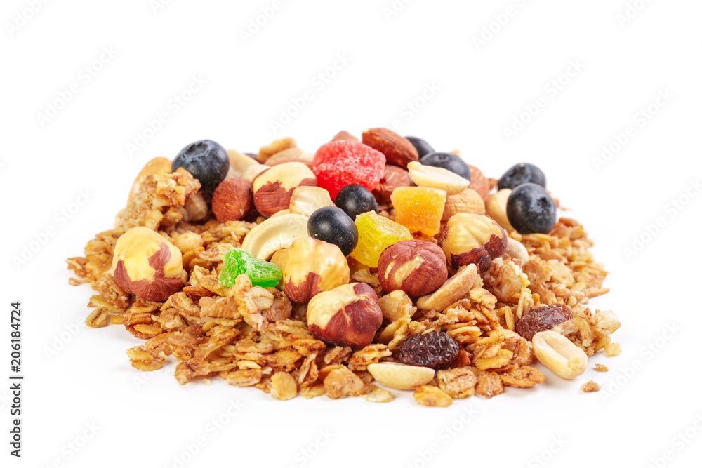 Granola with dried fruits isolated on white Granola with dried fruits isolated on white