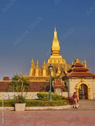 Pha That Luang is a gold-covered large Buddhist stupa in the centre of the city of Vientiane, Laos. Travel in 2013, 8th December.